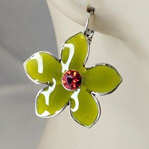 Green Enamel Flower Earrings with Red Rhinestone